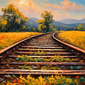 Railway track in the middle of a meadow with mountains in the distance - painting Digital Art by Nicko Prints
