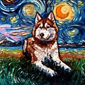 Red and White Husky Night Painting by Aja Trier Red and White Husky Night Painting by Aja Trier