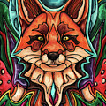 Ref fox in abstract woodlands landscape, magical kitsune and moon by Nadia CHEVREL