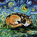 Sleepy Calico Night Painting by Aja Trier Sleepy Calico Night Painting by Aja Trier