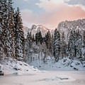 Snow Covered Mountain Lake at Sunset by Joanne Eastope