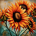 Sunflower Crop on Distressed Blue and Copper Background by Freddy B