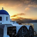 Sunrise Over Blue Domed Church, Santorini Greece by M G Whittingham