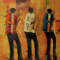 Three Saxo's In Time Painting by Ndabuko Ntuli Three Saxo's In Time Painting by Ndabuko Ntuli