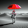 Desert Wanderer Astronaut with Red Umbrella in Surreal Landscape Fine Art Print by Bob Orsillo by Bob Orsillo