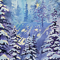 Watercolor - Winter Snowy Forest with Sunburst Painting by Cascade Colors Watercolor - Winter Snowy Forest with Sunburst Painting by Cascade Colors