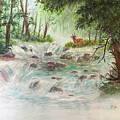 Waterfall Vignette with Deer by Karen Zuk Rosenblatt