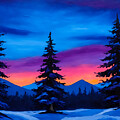 Winter scene with pine trees under a beautiful twilight sky - digital painting Digital Art by Nicko Prints