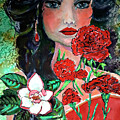 Woman with red carnations and magnolias by Ginette Callaway