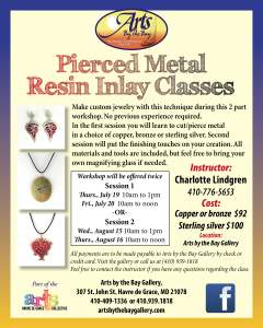 Arts by the Bay Gallery Presents Pierced Metal Resin Inlay Jewelry Classes with Jeweler Charlotte Lindgren